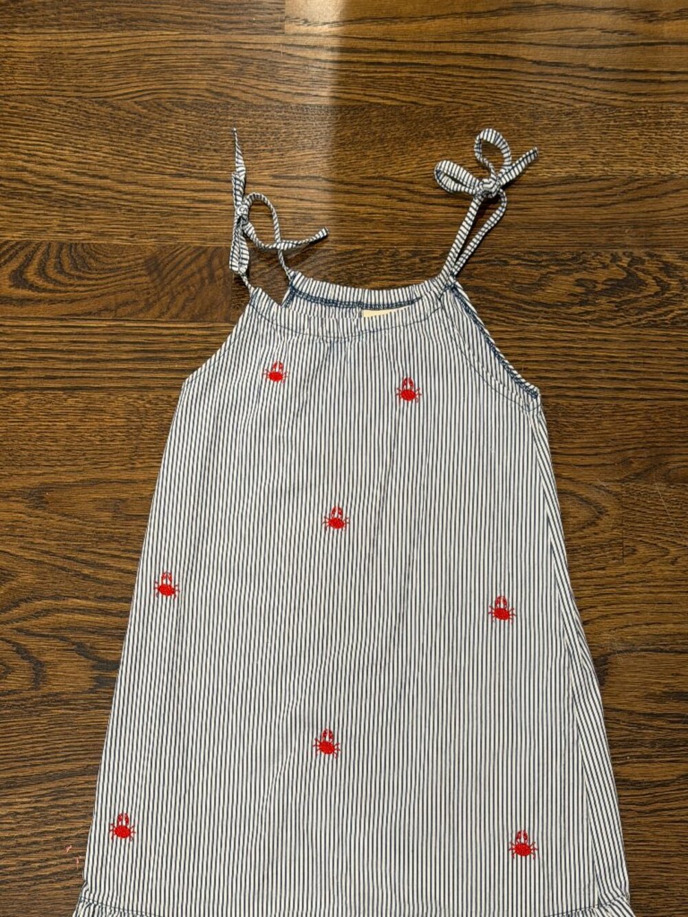 Luigi Kids Blue White Stripe Crab Embroidered Tie Strap Ruffle Hem Dress 6X